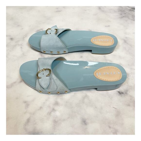 COACH Bleeker C Buckle Waterfall Blue Suede Slide Sandals - Picture 5 of 10